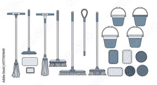 Minimal flat vector icon set of cleaning tools, mop poles, buckets, and pads on a white background