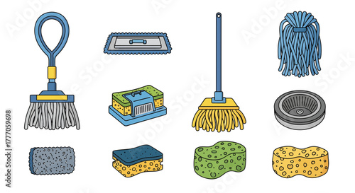 Vector icon set of cleaning supplies and mop sets on a white background