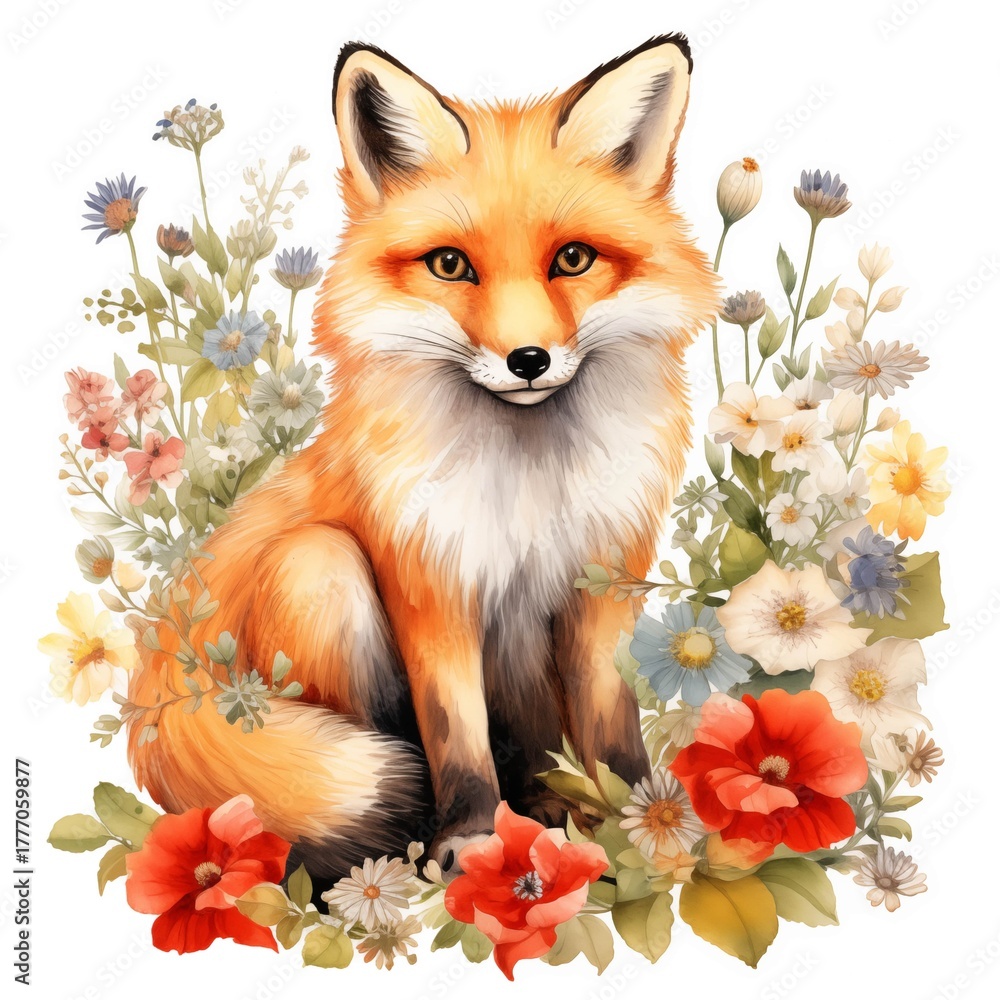 Obraz premium Adorable fox sitting amidst a vibrant array of wildflowers