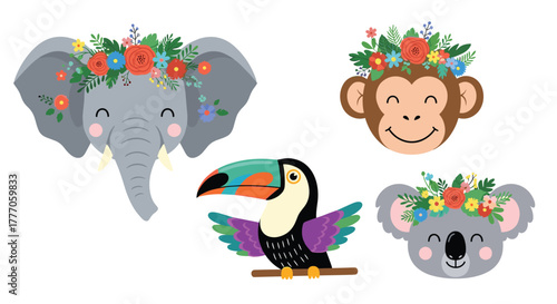 Charming cartoon elephant, monkey, koala, and toucan illustrations, some adorned with colorful floral headpieces, on white.