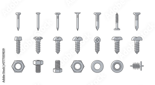 Vector icon set of nails, screws, and fasteners in minimal style on a white background