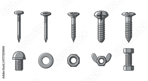 Set of Vector Icons Featuring Nuts, Bolts, and Washers on a White Background