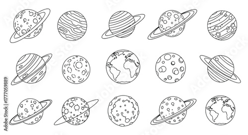Line art collection of celestial bodies, including planets, moons, and ringed planets, designed in a simple cartoon style for space-themed projects.