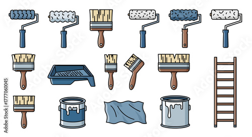 Vector illustration of renovation tools including paint sprayers and accessories on a white background