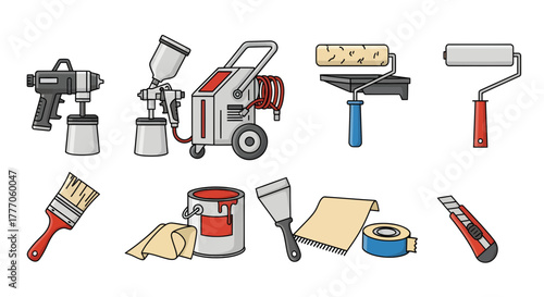 Collection of renovation tools and paint sprayers on a white background, viewed from directly above.