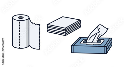 Vector illustration of tissue roll, tissue stack, and tissue box on white background