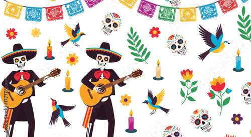 Seamless pattern of colorful mariachi skeletons, sugar skulls, papel picado, candles, and flowers, celebrating D�a de Muertos tradition.