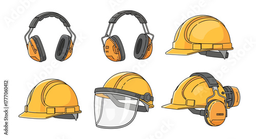 Set of industrial safety equipment including earmuffs and helmets on a white background
