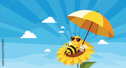 Cartoon bee with sunglasses enjoying a sunny day on a sunflower, shaded by a yellow umbrella against a blue sky.