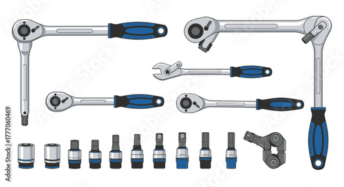 Set of adjustable wrenches and socket tools on white background