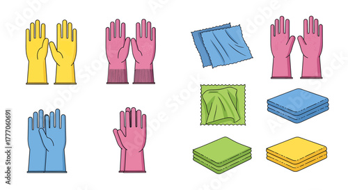 Set of colorful protective gloves and cloth icons on white background