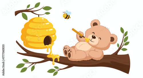 A happy cartoon bear relaxes on a tree branch, enjoying sweet honey with a dipper from a natural beehive while a busy bee flies nearby.