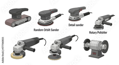 Collection of sanders and polishing machines on a white background