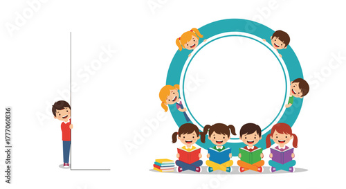 Smiling cartoon children engaged in educational activities, with some peeking from behind a wall and others reading books around a large circular frame.