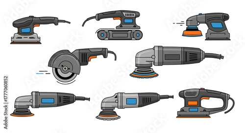 Vector icon set of sanding tools on white background