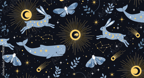 Magical night sky seamless pattern featuring celestial bunnies, whales, and moths among stars and constellations.