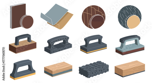 Vector illustration of sandpaper sheets and sanding blocks on a white background