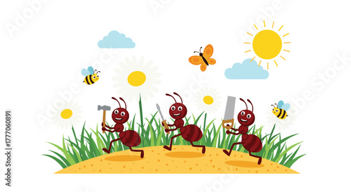 Three cheerful cartoon ants, equipped with tools, run through a bright, grassy meadow on a sunny day.
