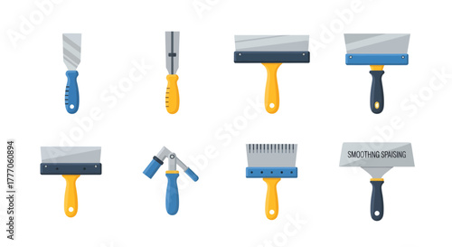 Collection of various scrapers and spatulas on a white background