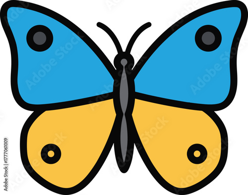 Stylized blue yellow butterfly with black outlines gray accents