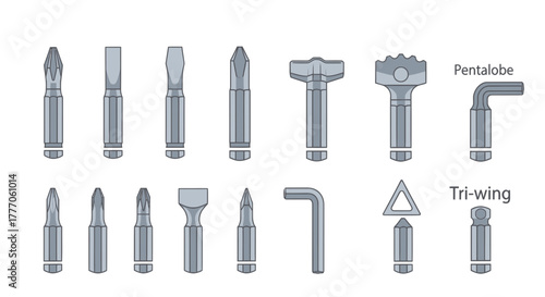 Vector icon set of screwdrivers and bits displayed on a white background