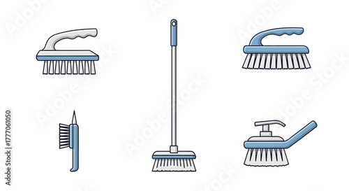 Vector icon set of scrub brushes and handles on a white background, illustrating household cleaning tools and icons