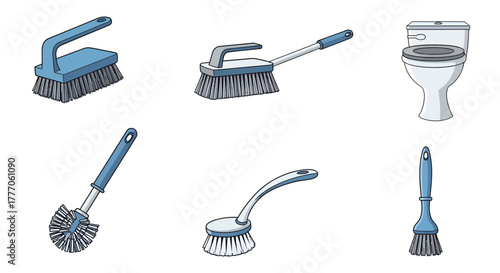Set of cleaning tools including scrubbers and brushes on a white background