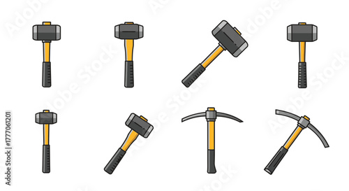 Vector Icon Set of Sledgehammers and Pickaxes on White Background