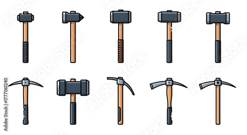 Collection of hammers and pickaxes displayed on a white background