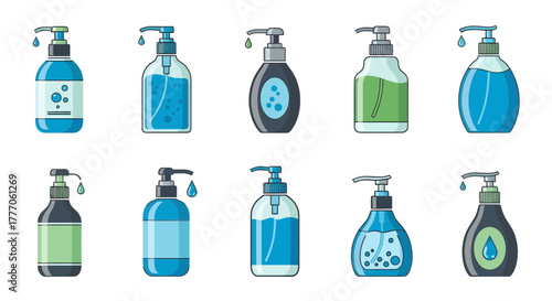 Collection of various soap dispensers and bottles on a white background, depicted in a minimal flat vector style