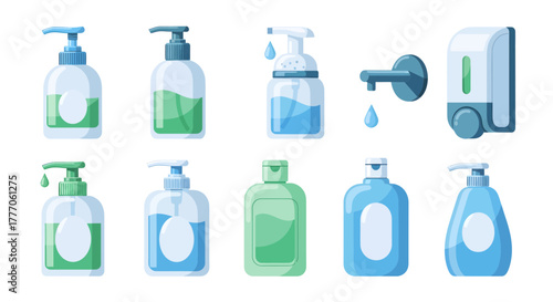Vector icon set of diverse soap dispensers, liquid wash bottles, and foam pumps, for hygiene and cleanliness. Minimal flat design on a white background