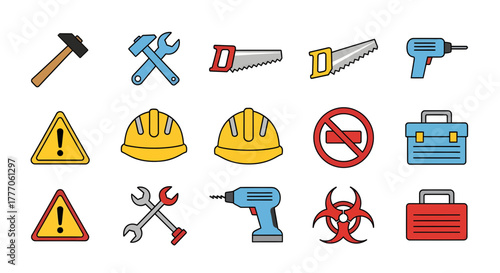 Collection of vector icons representing workshop tools and safety equipment on a white background