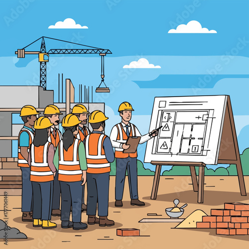 A construction foreman reviews blueprints with a team of workers on a sunny day at a building site with a crane.