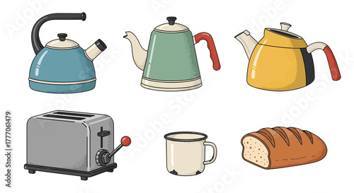 Collection of Kettles, Toaster, Mug, and Bread on a White Background, Flat Vector Illustration