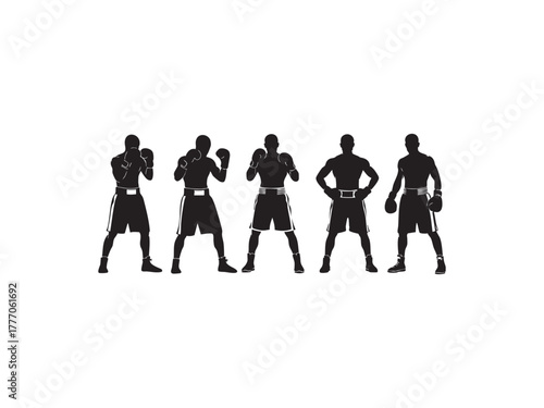 Illustration of silhouette of five boxers standing in a row vector illustration of boxing athletes in black color