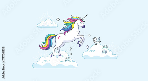 A majestic white unicorn with a vibrant rainbow mane and tail prances on fluffy clouds, accompanied by a small bird and sparkling gems.