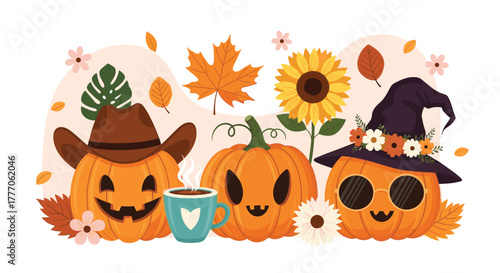 Three cheerful autumn pumpkins decorated with hats, flowers, and leaves, alongside a cozy coffee mug, capturing the festive spirit of fall and Halloween.
