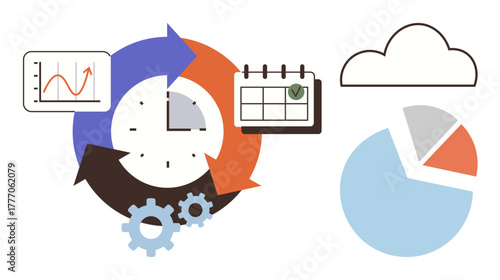 Arrows encircling a clock with charts, gears, and a cloud represent time tracking, data analysis, project planning, and forecasting. Ideal for workflow management, planning, analytics efficiency