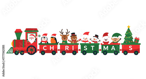 A cheerful Christmas train with Santa, festive animals, snowmen, and elves, pulling wagons that spell out 'CHRISTMAS' and a decorated tree.