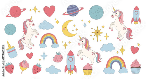 Adorable vector illustration set featuring magical unicorns, space elements, colorful rainbows, and sweet desserts on a white background.