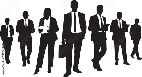 Silhouettes of diverse business professionals in formal attire, walking and standing.