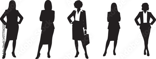 Professional businesswomen silhouettes standing in various poses against a white background.