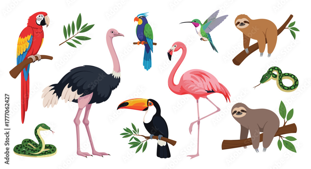 Obraz premium A collection of exotic animals and birds, featuring macaws, ostriches, flamingos, toucans, sloths, and snakes.