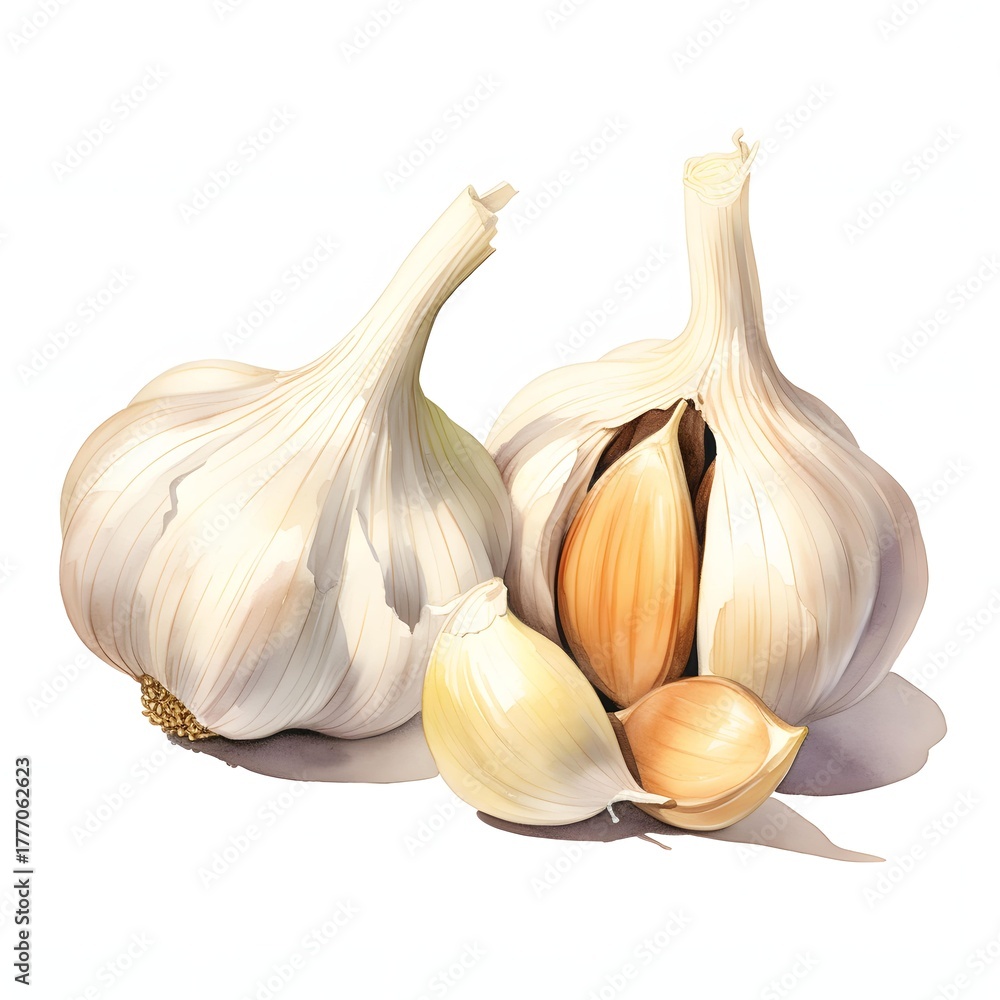Obraz premium Two whole garlic bulbs and three cloves shown with watercolor painting style