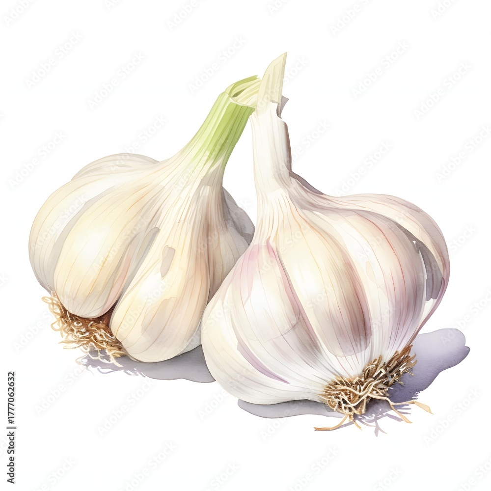 Obraz premium Two heads of garlic with green stems and visible roots against a white background