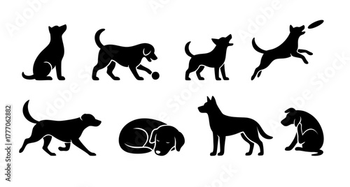 Vector set of dog silhouettes in playful, sitting, and running poses. Ideal for pet designs, dog lovers, veterinary themes, and animal-related content.