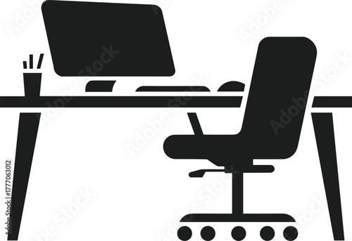 Black silhouette of a desk with computer and chair