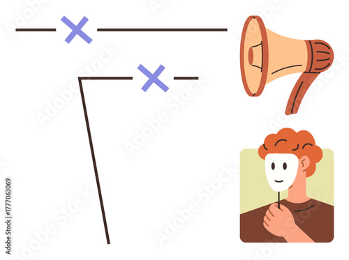 Person holding a mask, paths marked with crosses, and a megaphone emphasizing themes of authenticity, speech, decision-making, and truth. Ideal for integrity, honesty, choices social dynamics