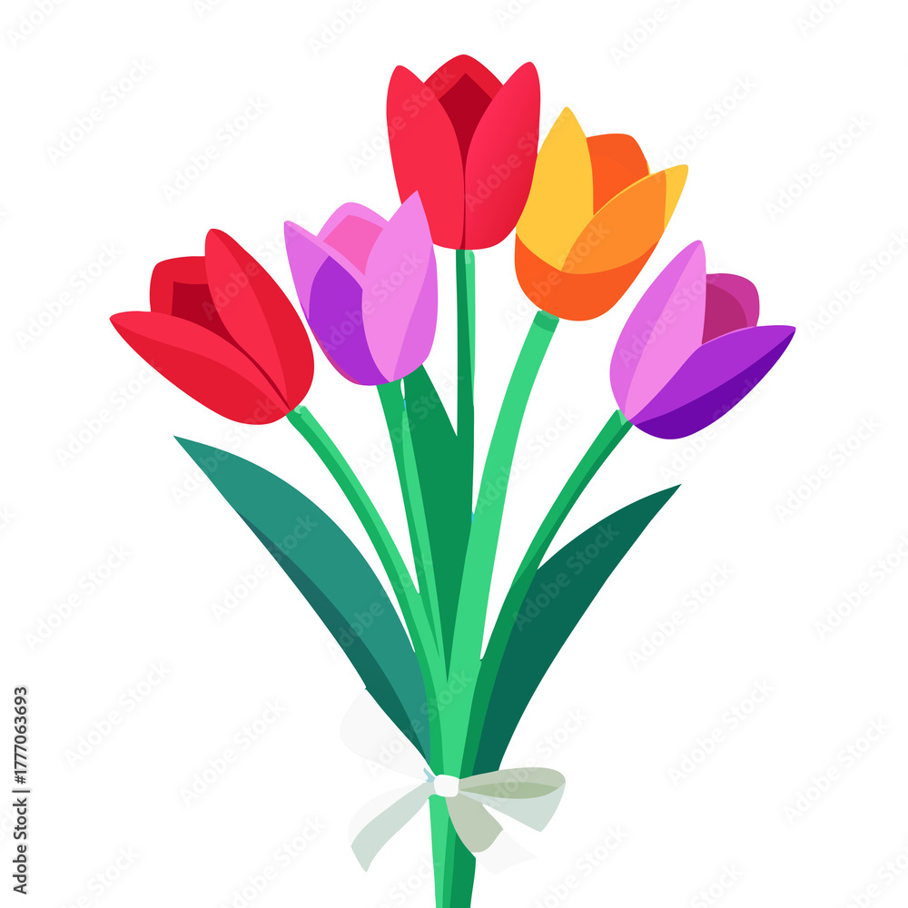 Fototapeta premium A colorful bouquet of five tulips tied with a white ribbon isolated on transparent background