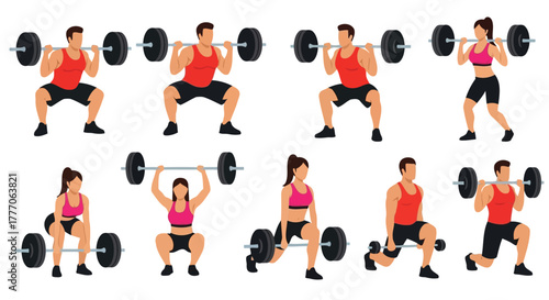 Collection of weightlifting exercises illustrated with people
